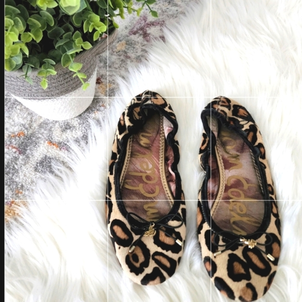 Sam Edelman cheetah animal print with bow calf hair ballerina slides flats